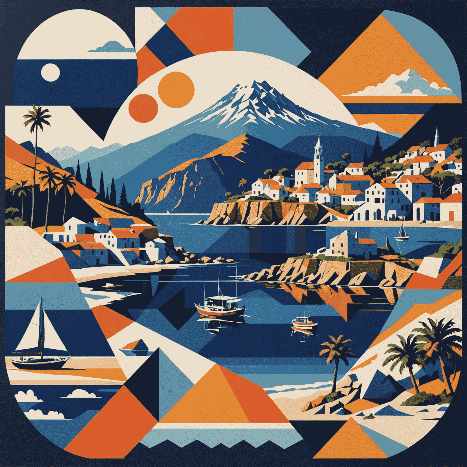 A vibrant collage of hidden travel destinations, showcasing a secluded beach, a quaint mountain village, and an off-the-beaten-path ancient ruin. The image is overlaid with geometric shapes in navy blue and orange, creating a modern and dynamic feel.