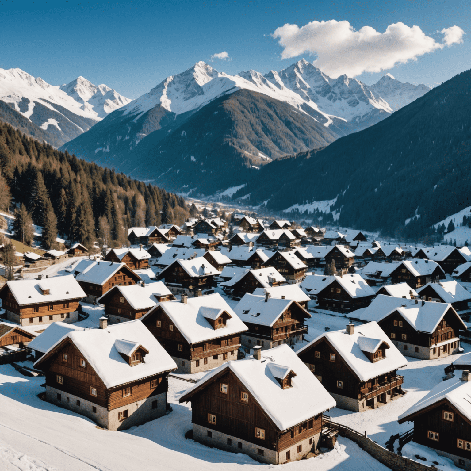 Panoramic view of Zakopane nestled in the Tatra Mountains, with traditional wooden houses in the foreground and snow-capped peaks in the background