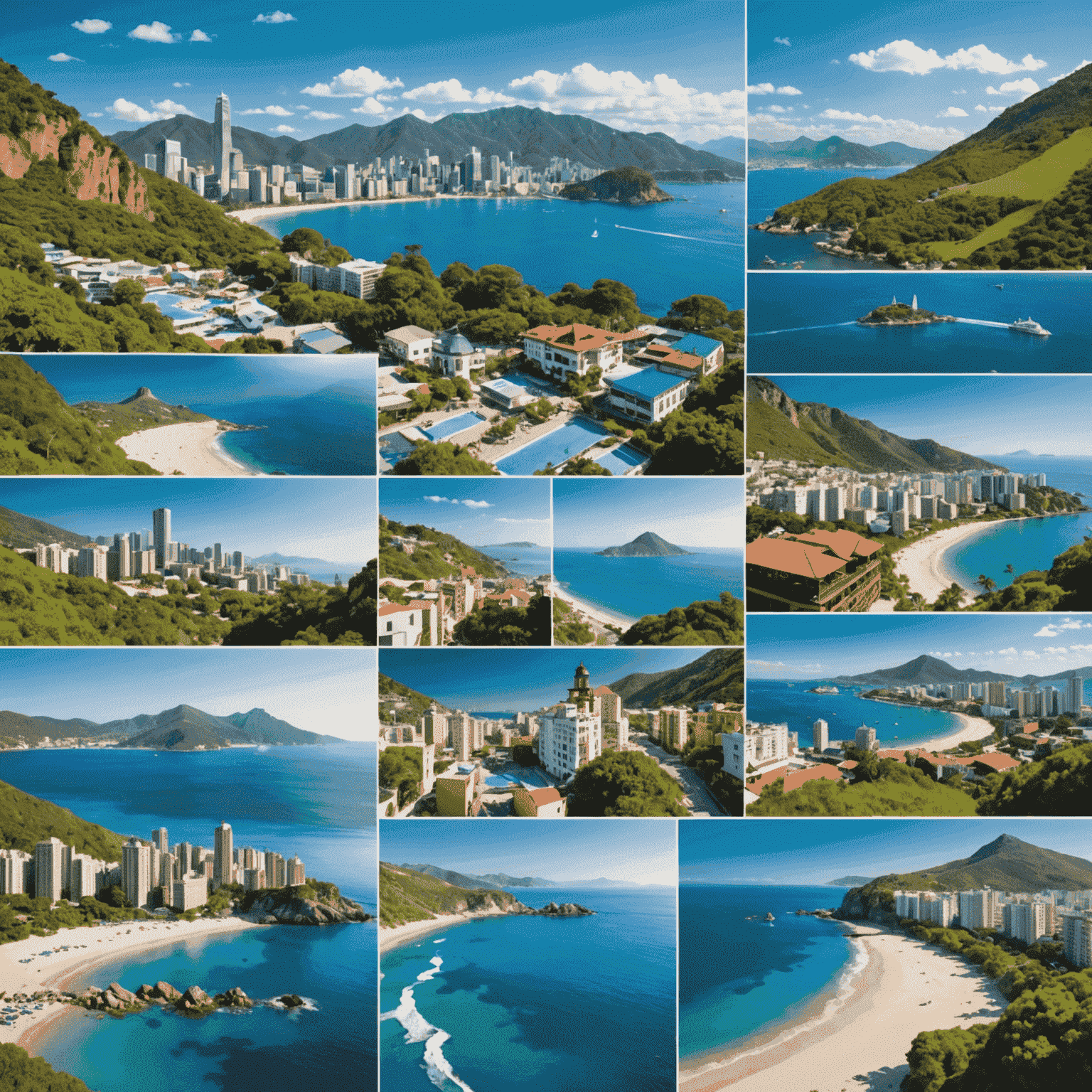 Collage of various travel destinations including a secluded beach, a mountain vista, and a vibrant city skyline, showcasing the diverse range of services offered by Qubeltics Travel Agency