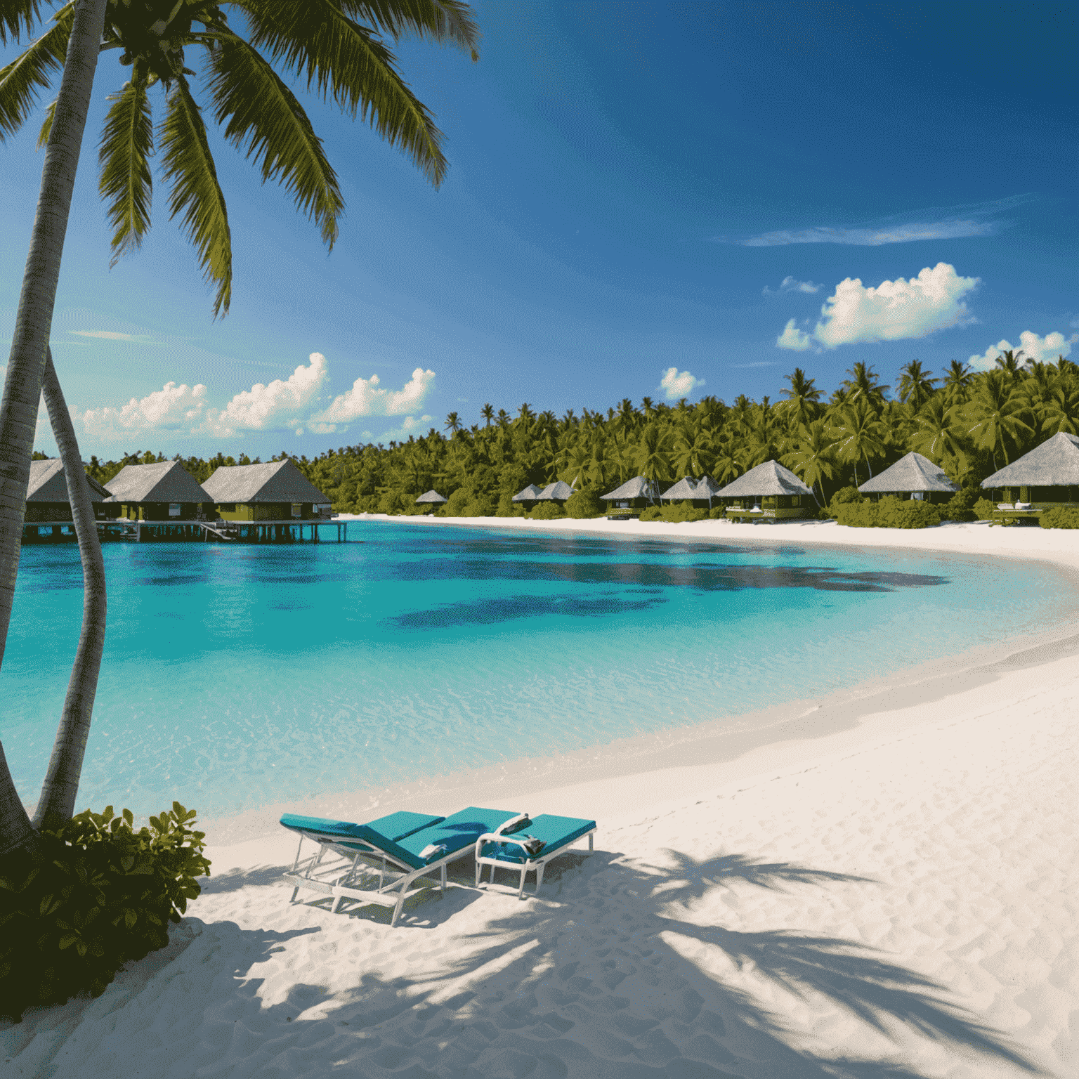 Panoramic view of a luxurious beach resort with overwater bungalows, crystal clear turquoise water, and a pristine white sand beach. Palm trees line the shore, and a yacht can be seen in the distance.