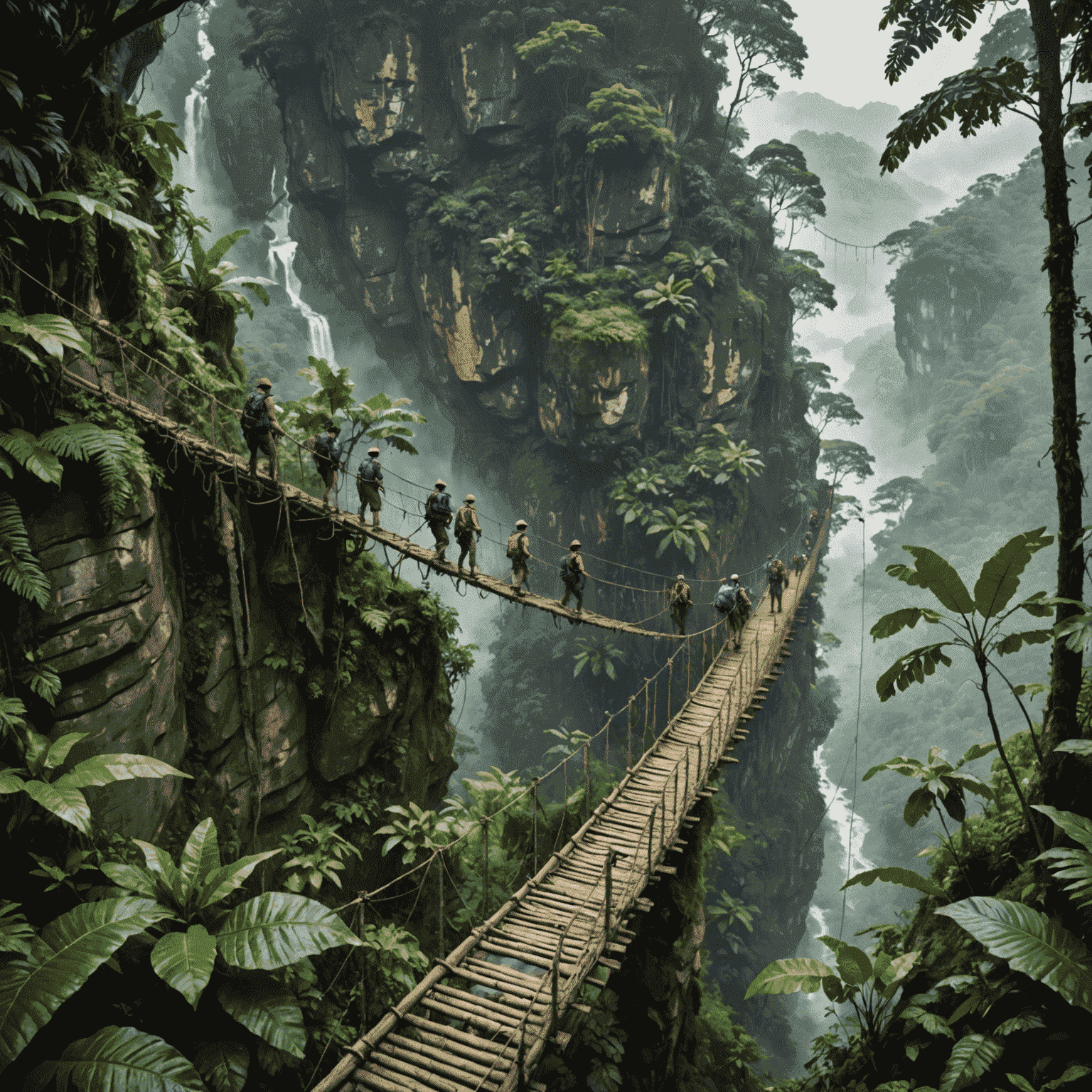 A group of adventurers trekking through a dense jungle, crossing a rope bridge over a misty ravine. The image showcases the challenging terrain and breathtaking landscapes of off-the-beaten-path locations.