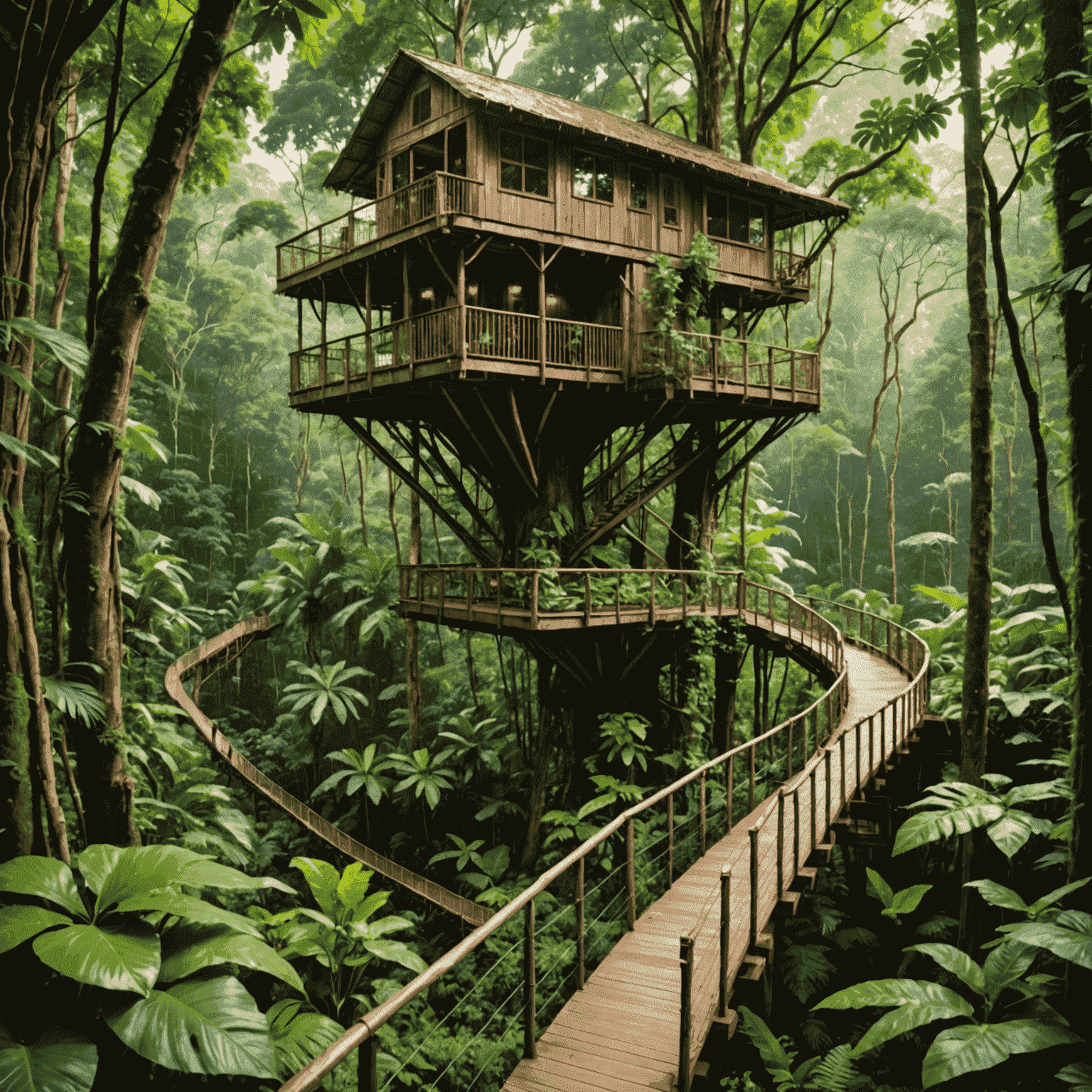 A lush green rainforest canopy with a sustainable treehouse eco-lodge nestled among the trees. A group of tourists are walking on an elevated walkway, observing the diverse flora and fauna.