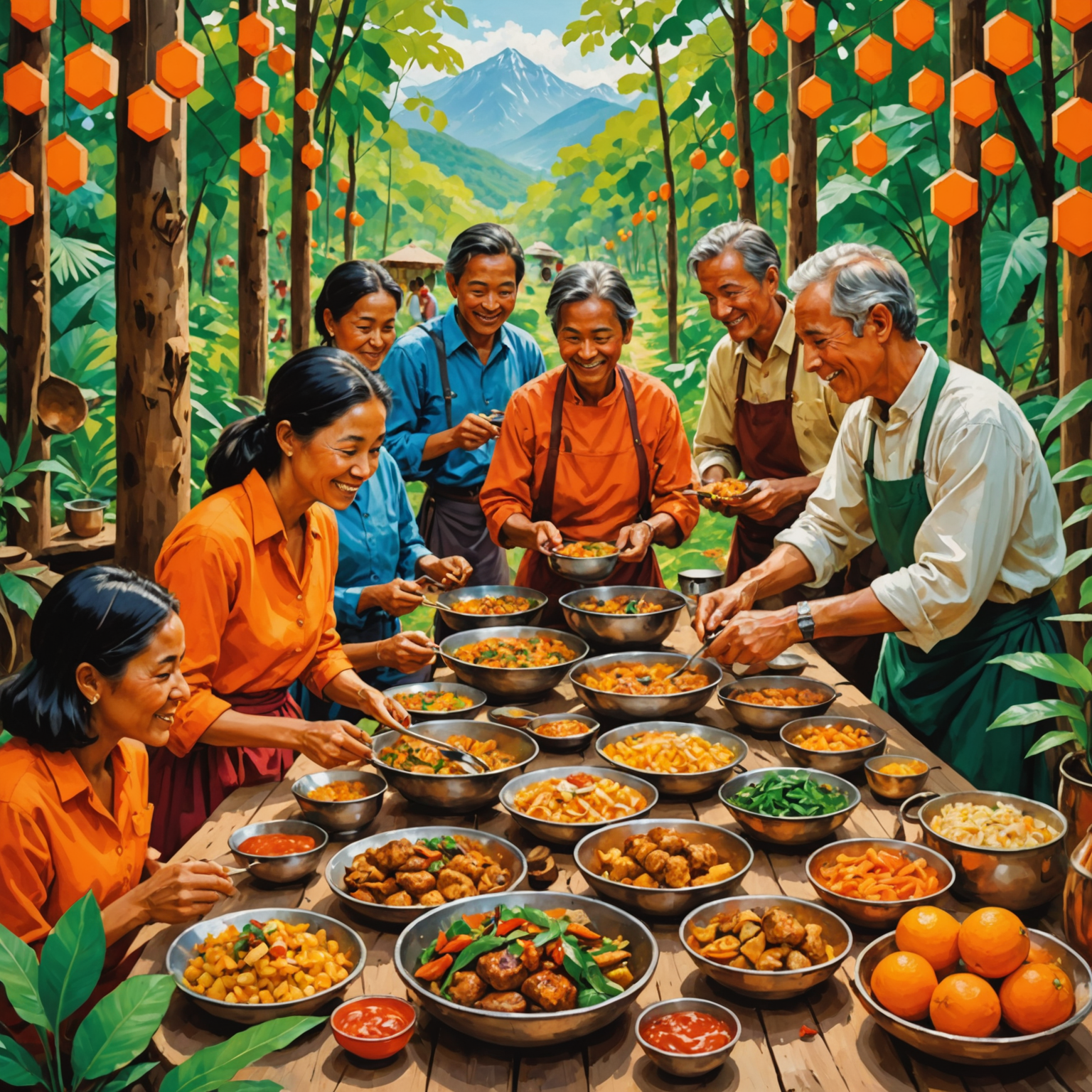 A montage of happy travelers experiencing unique moments: tasting local cuisine in a traditional kitchen, observing rare wildlife in a lush forest, and participating in a colorful cultural festival. The image is framed with a hexagonal border in vibrant orange.