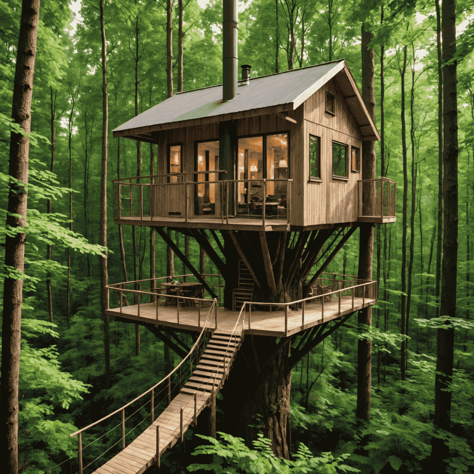 An elevated view of a luxurious treehouse eco-lodge nestled in the canopy of the Białowieża Forest. The sustainable structure blends seamlessly with the surrounding ancient trees, offering a unique and immersive forest experience.