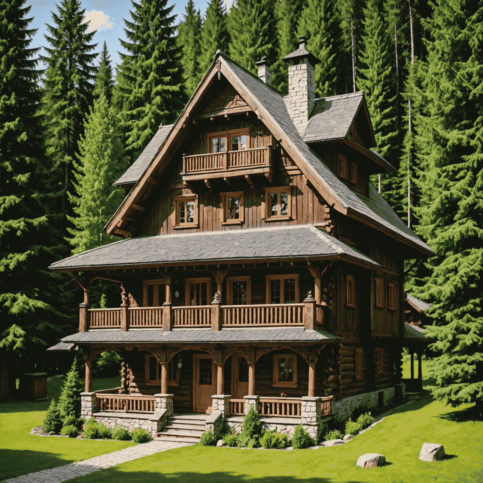 Traditional Zakopane-style wooden villa with intricate carvings and a steep roof, surrounded by pine trees