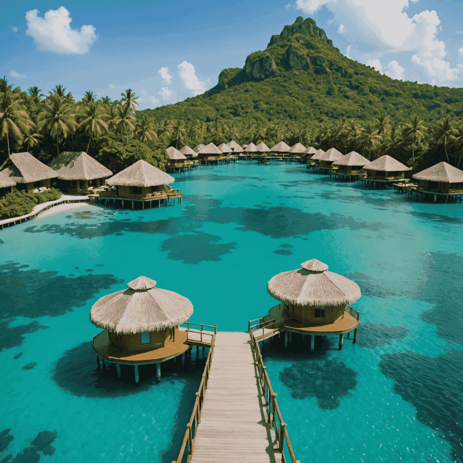 A luxurious resort with overwater bungalows in crystal clear waters, surrounded by lush tropical vegetation