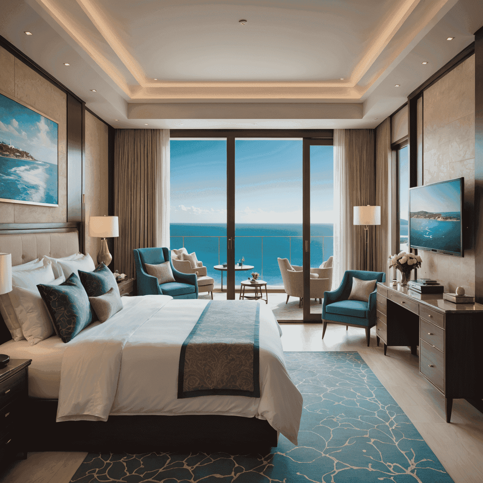 Interior of a luxurious hotel suite with a king-size bed, elegant furnishings, and a breathtaking ocean view through floor-to-ceiling windows