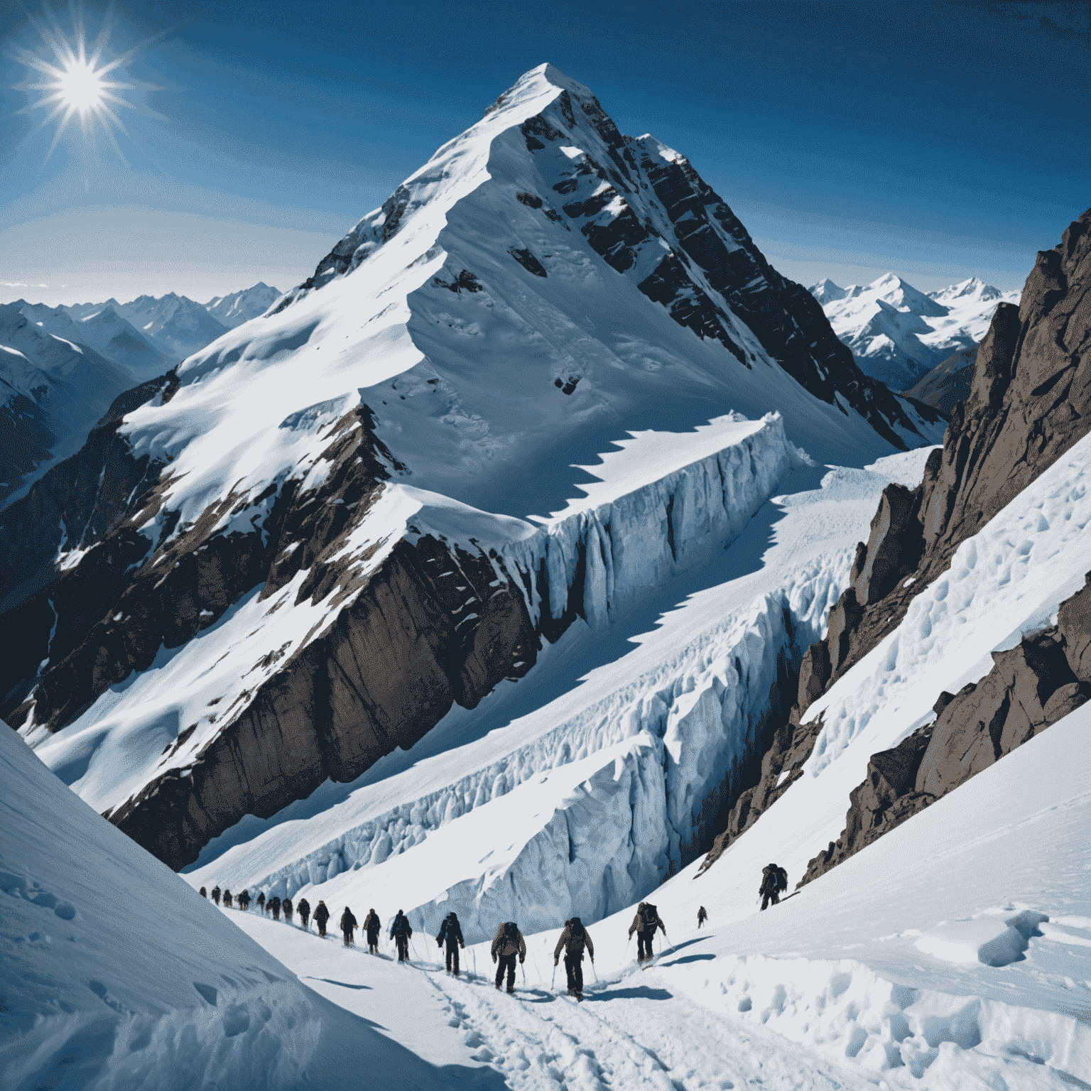 A majestic snow-capped mountain peak with climbers ascending a steep ice wall, showcasing the extreme challenges of high-altitude mountaineering.