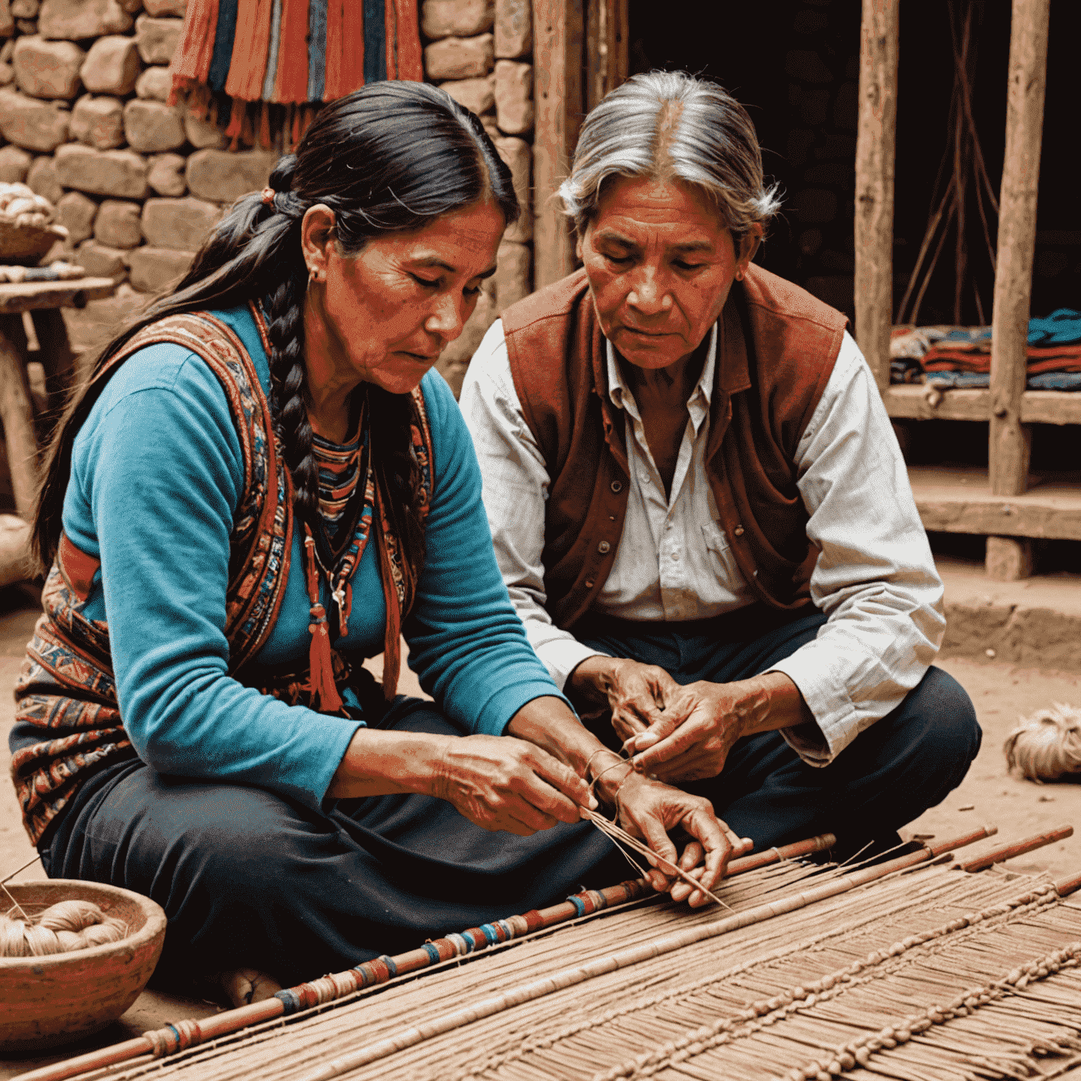 A traveler learning traditional weaving techniques from a local artisan in Peru