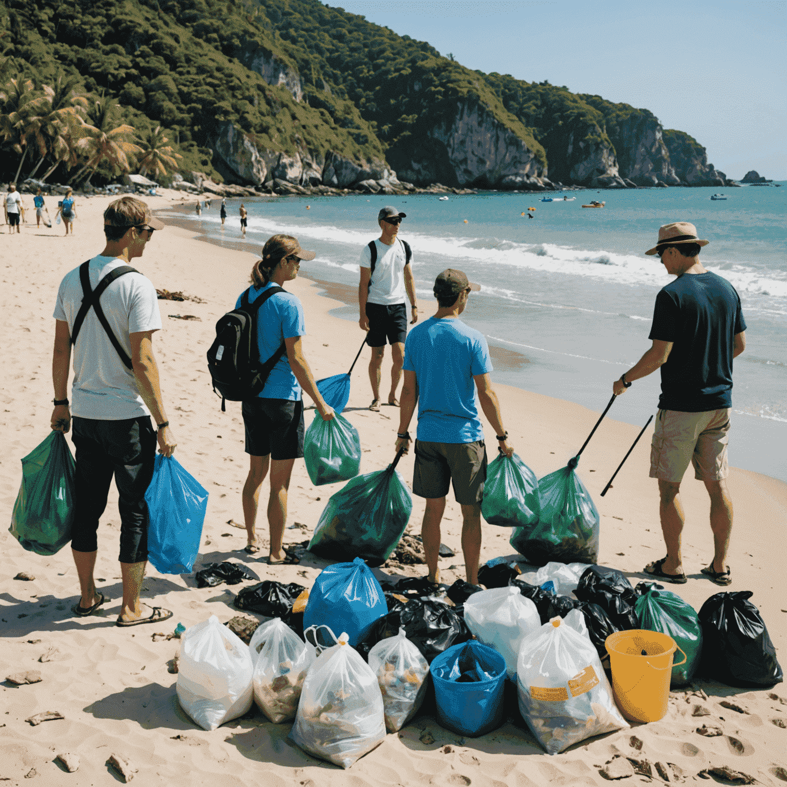 A group of tourists participating in a beach clean-up, collecting plastic waste and debris from a pristine shoreline.