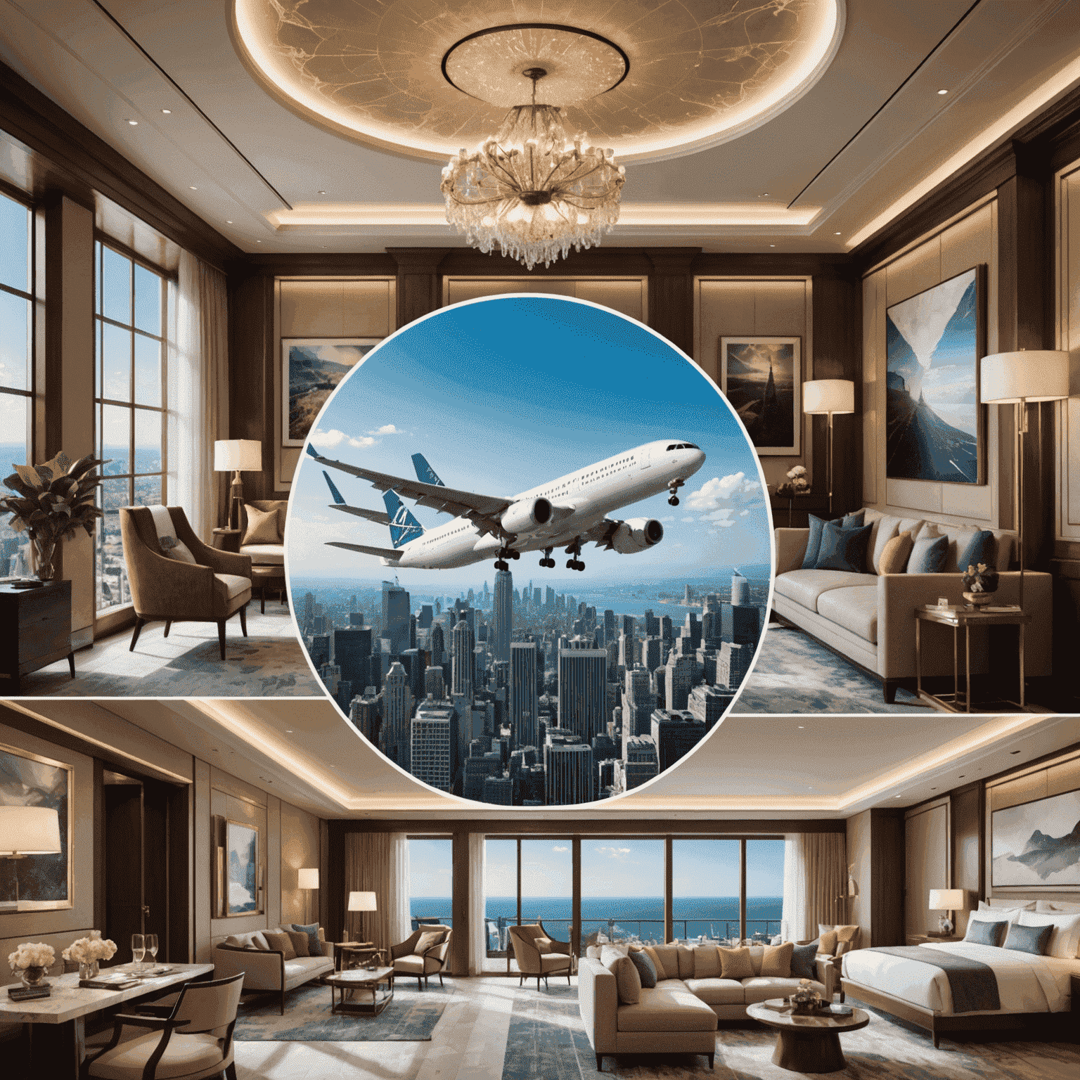 A collage of images showing new flight routes, luxurious hotel interiors, and trending tourist destinations