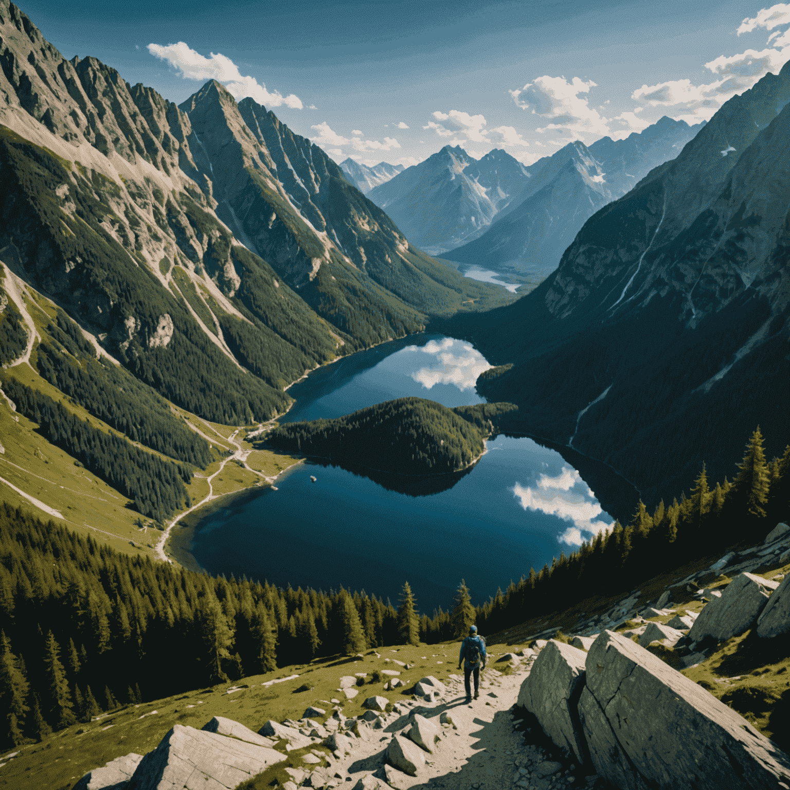 Aerial view of Morskie Oko lake surrounded by towering peaks of the Tatra Mountains, with hikers visible on the shoreline