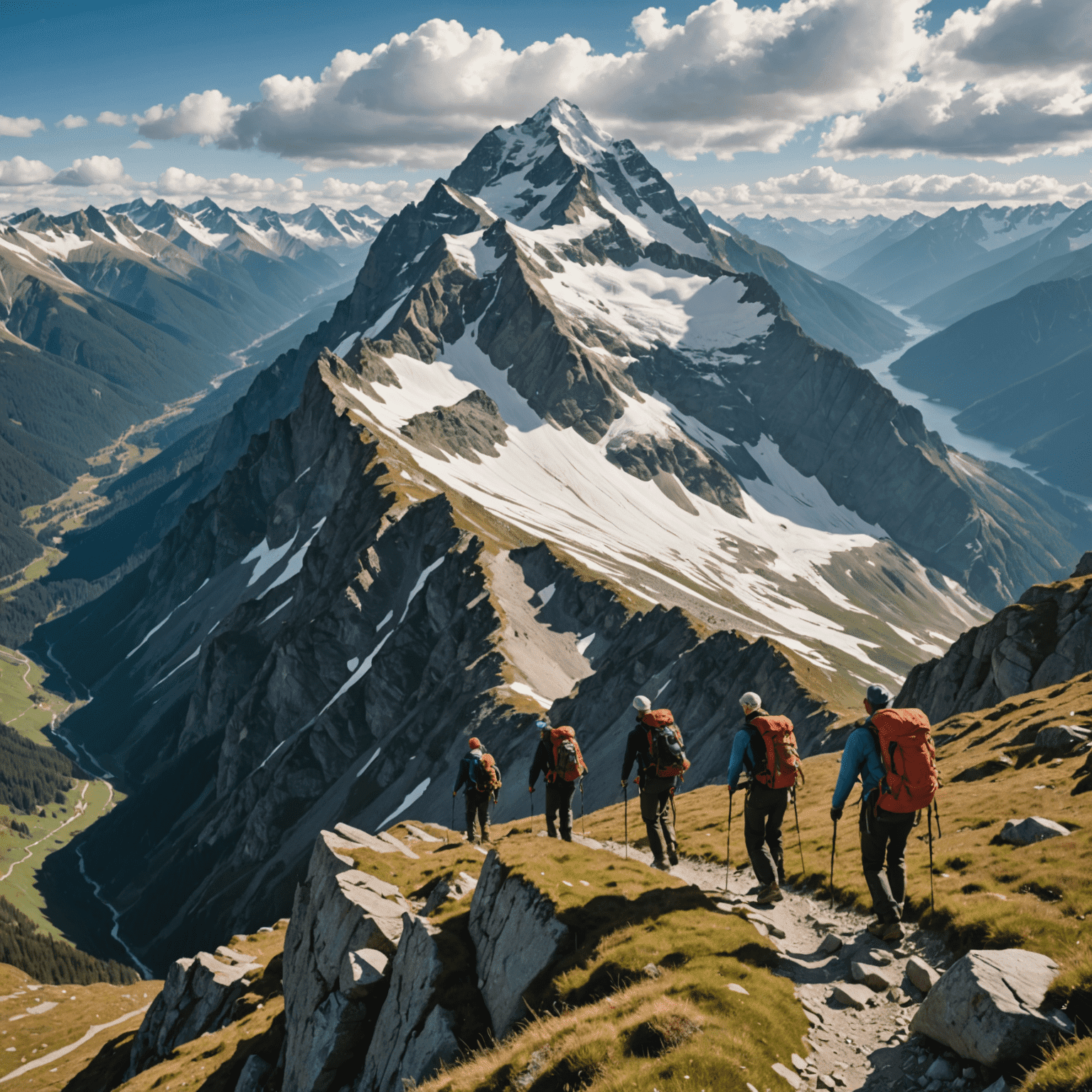 A group of hikers climbing a steep mountain trail with breathtaking views of snow-capped peaks in the background