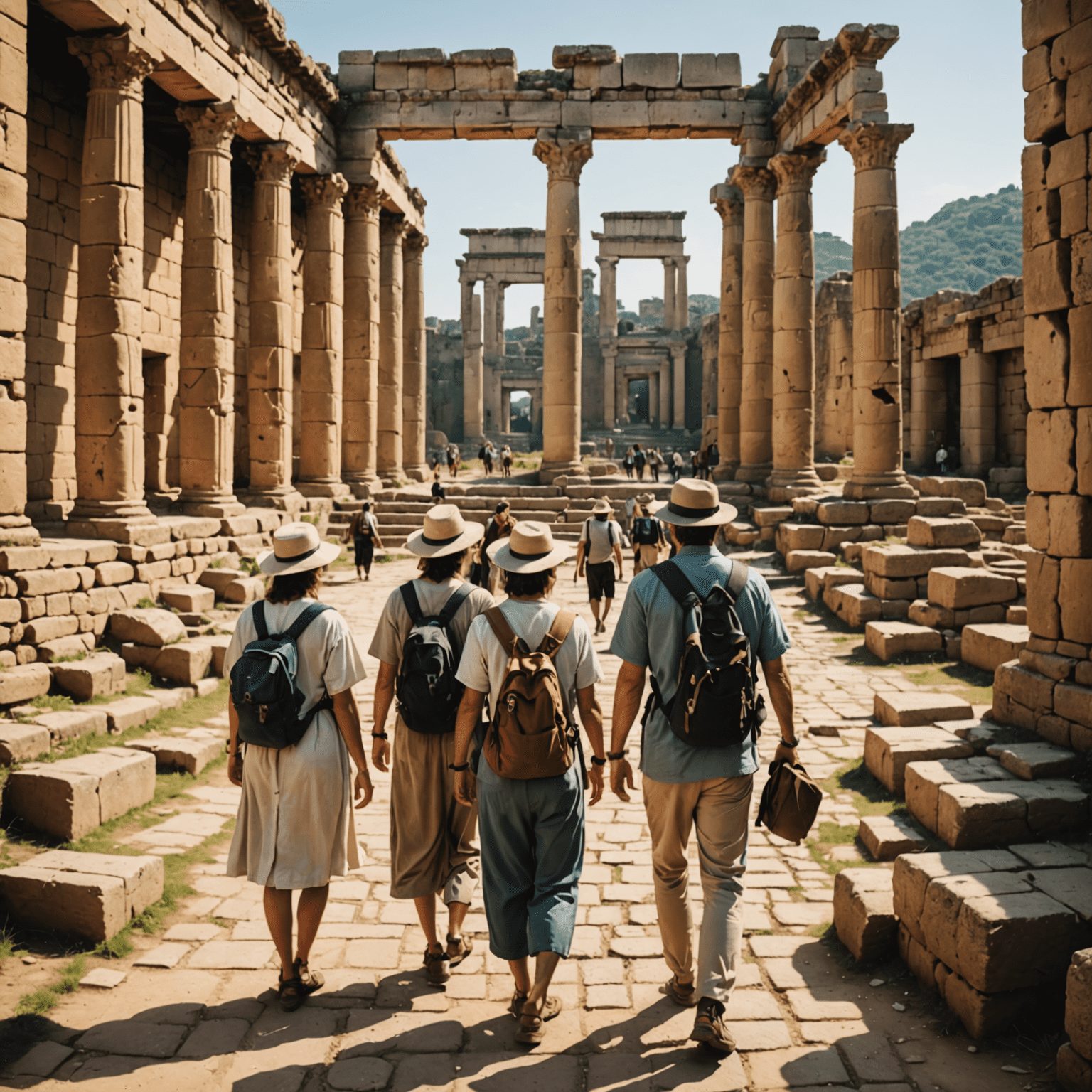 A small group of tourists with a private guide exploring ancient ruins, with no other tourists in sight