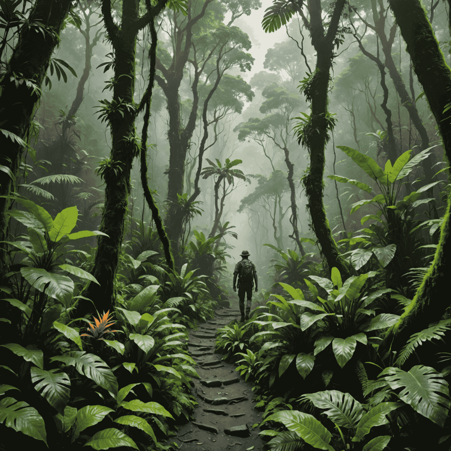 A dense, misty rainforest with a group of explorers on a narrow path, surrounded by exotic flora and fauna, emphasizing the immersive nature of jungle treks.