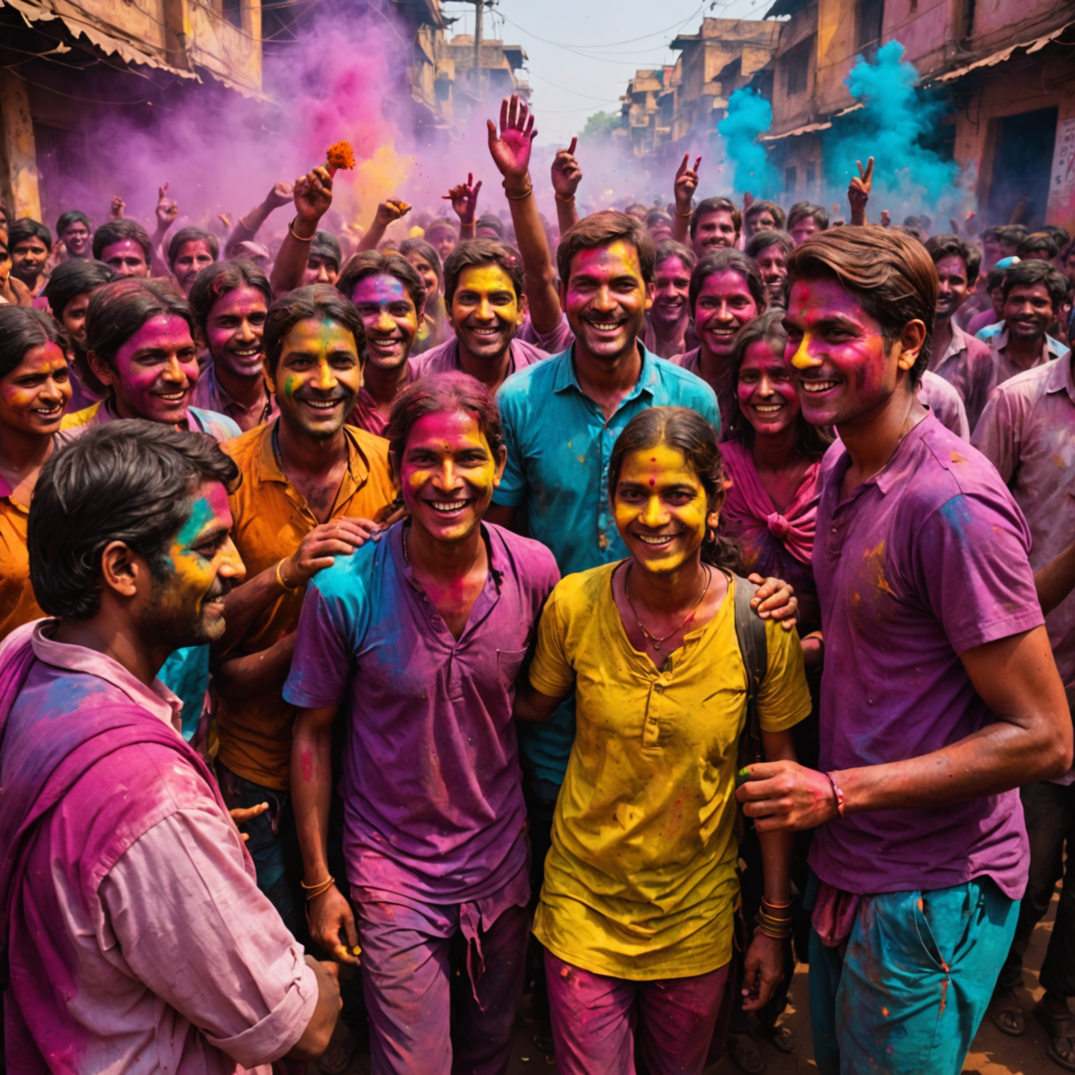 Travelers participating in a colorful Holi festival celebration in India