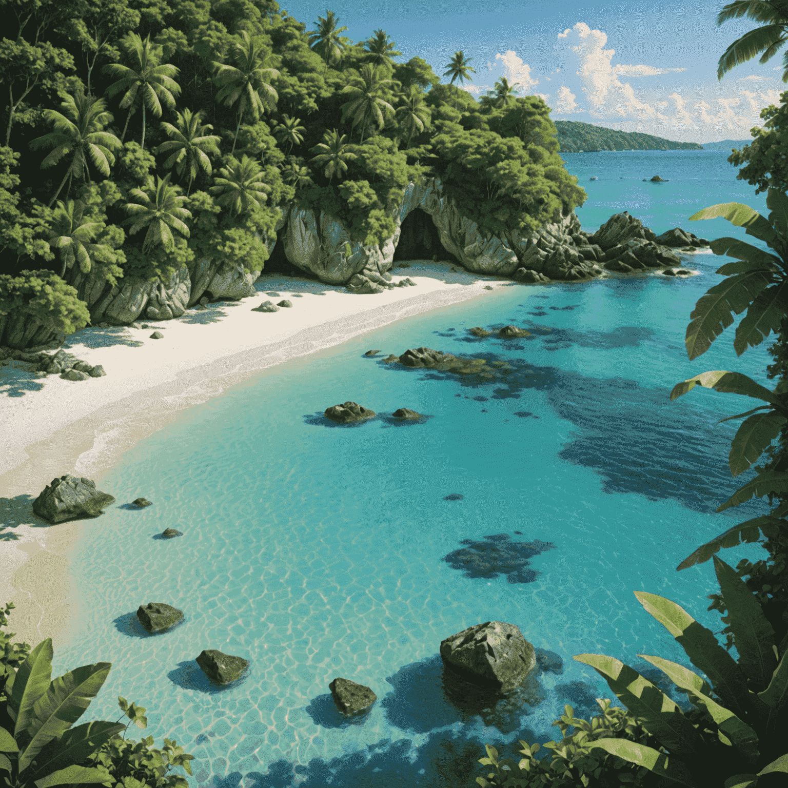 A picturesque scene of a secluded beach with crystal clear water, surrounded by lush vegetation, representing a hidden travel gem