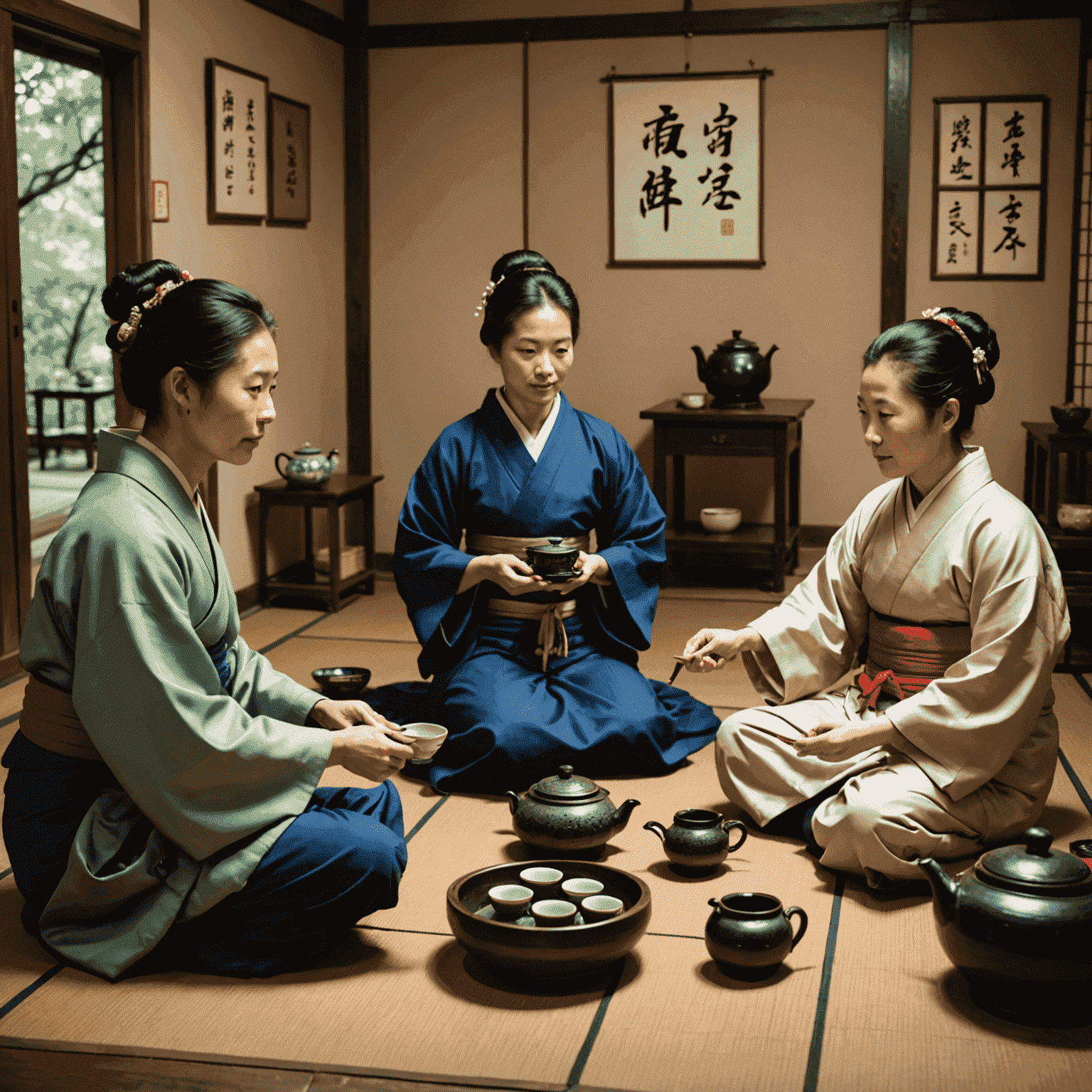 A traveler participating in a traditional tea ceremony with local hosts, surrounded by authentic cultural artifacts