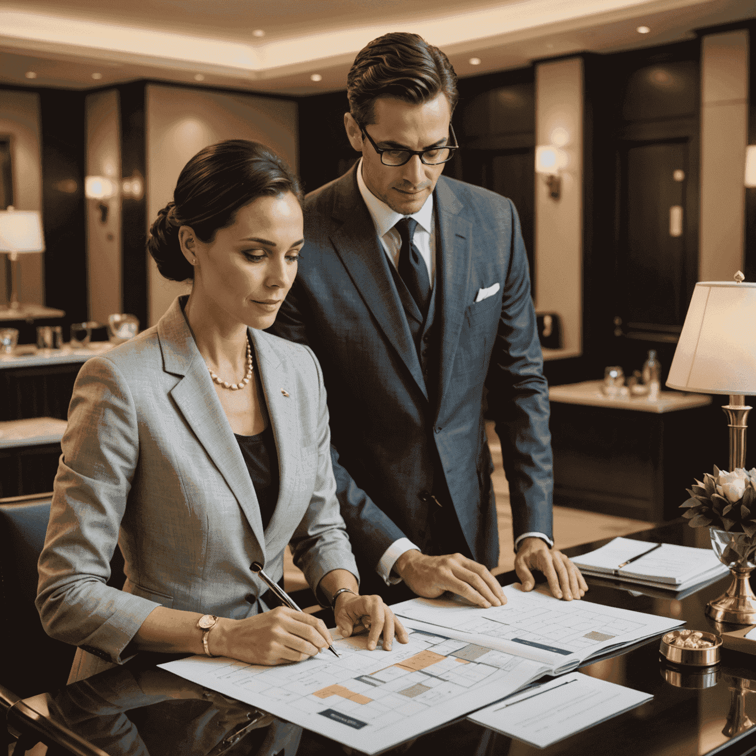 A concierge assisting a guest with planning their day, surrounded by luxury hotel amenities