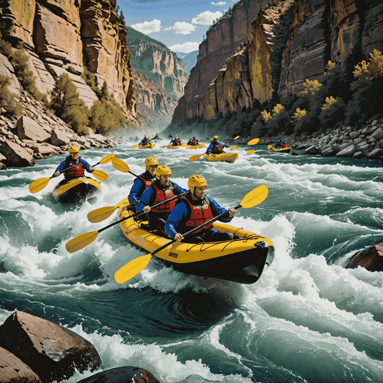 A group of kayakers navigating through turbulent white water rapids, surrounded by steep canyon walls, illustrating the excitement of river expeditions.