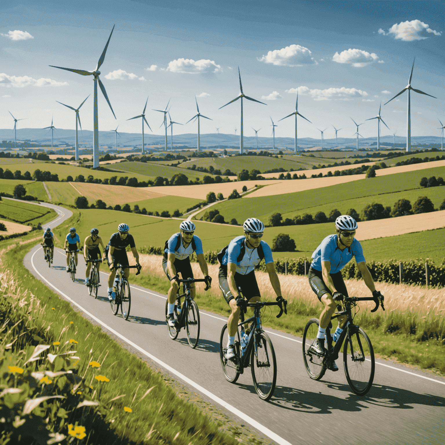 A group of cyclists riding through a scenic countryside, with wind turbines and solar farms visible in the background.