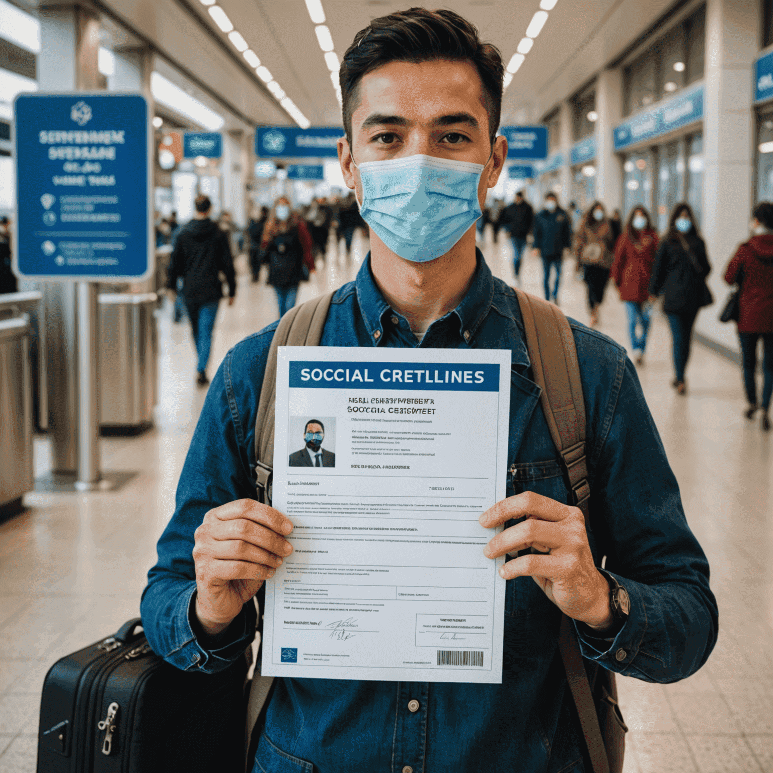 A montage of safety-related travel images: a person wearing a mask, a passport with a health certificate, and a sign showing social distancing guidelines