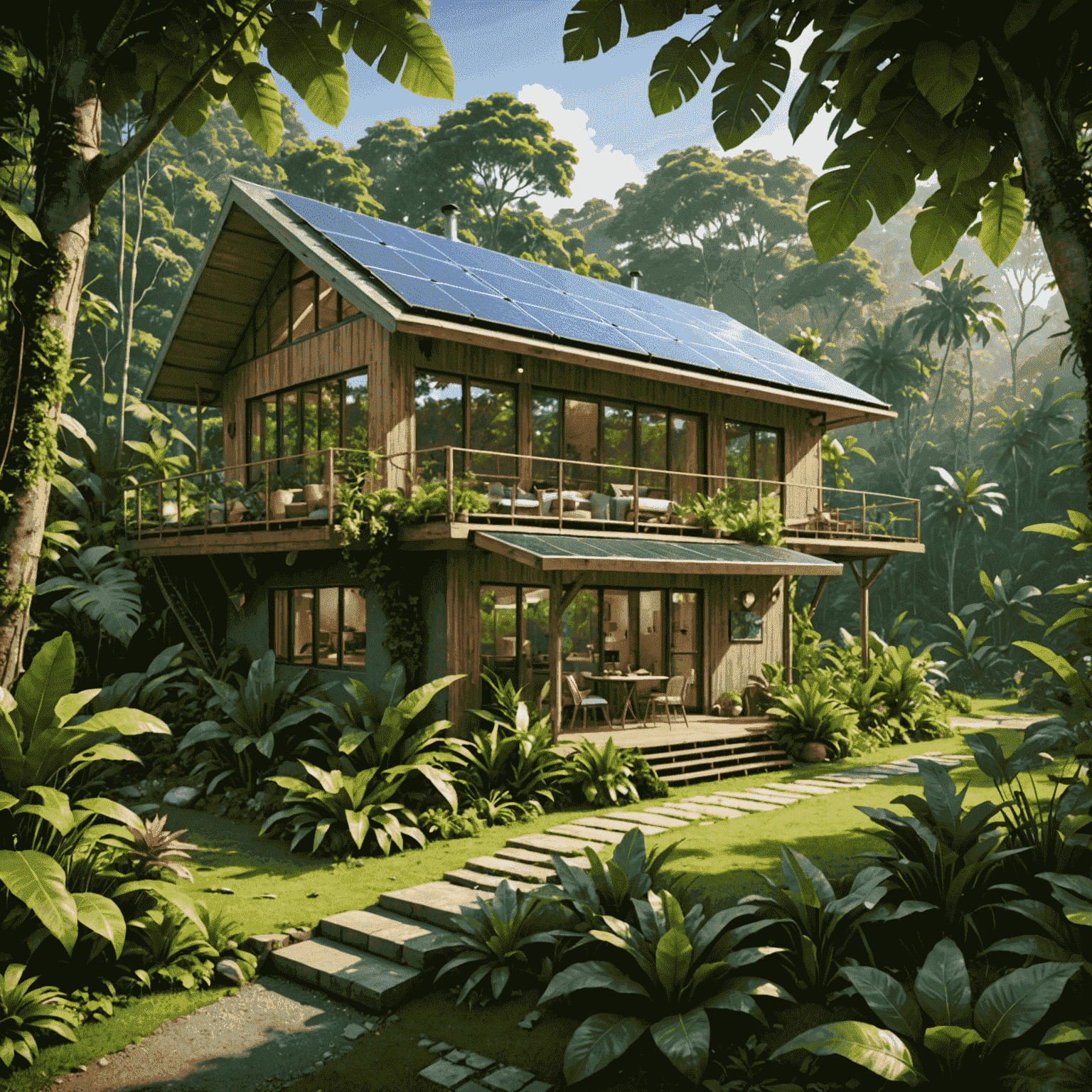 An eco-lodge nestled in a lush rainforest, with solar panels and a sustainable garden visible