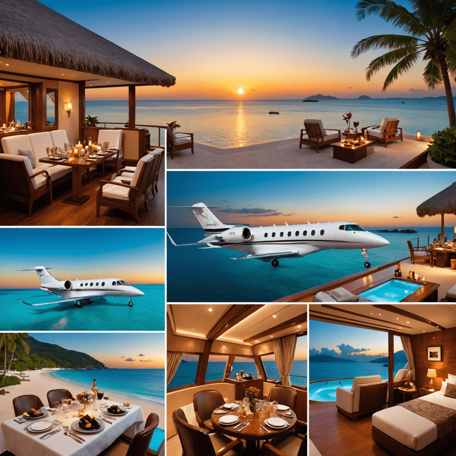 Collage of luxury travel experiences: a private jet, a yacht in a tropical bay, a couple enjoying a sunset dinner on a beach, and a spa treatment with an ocean view