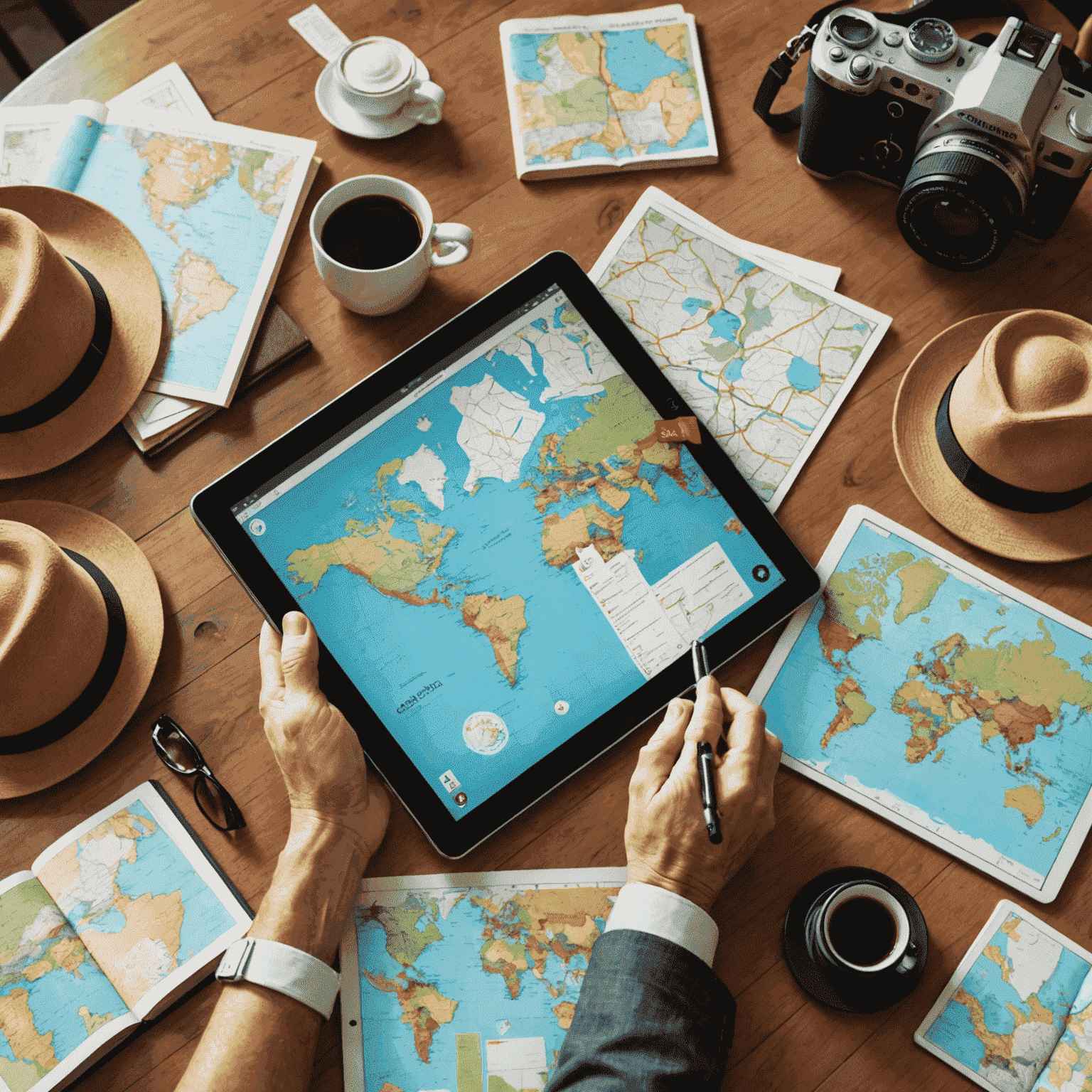 A travel expert working with a client, surrounded by maps, guidebooks, and a tablet showing various destination options